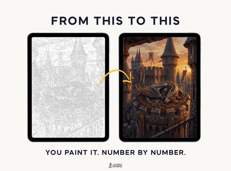 May include: Two tablets displaying a digital paint-by-number project. The left screen shows a grayscale line art outline of a dragon in a castle tower. The right screen shows the completed, full-color version. Text reads FROM THIS TO THIS and YOU PAINT IT. NUMBER BY NUMBER.