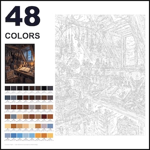 May include: A paint-by-numbers kit featuring 48 colors and a numbered outline of an attic study with an open book, globes, and hanging items. The set includes a small color reference image and a grid of 48 numbered paint swatches with hex codes.