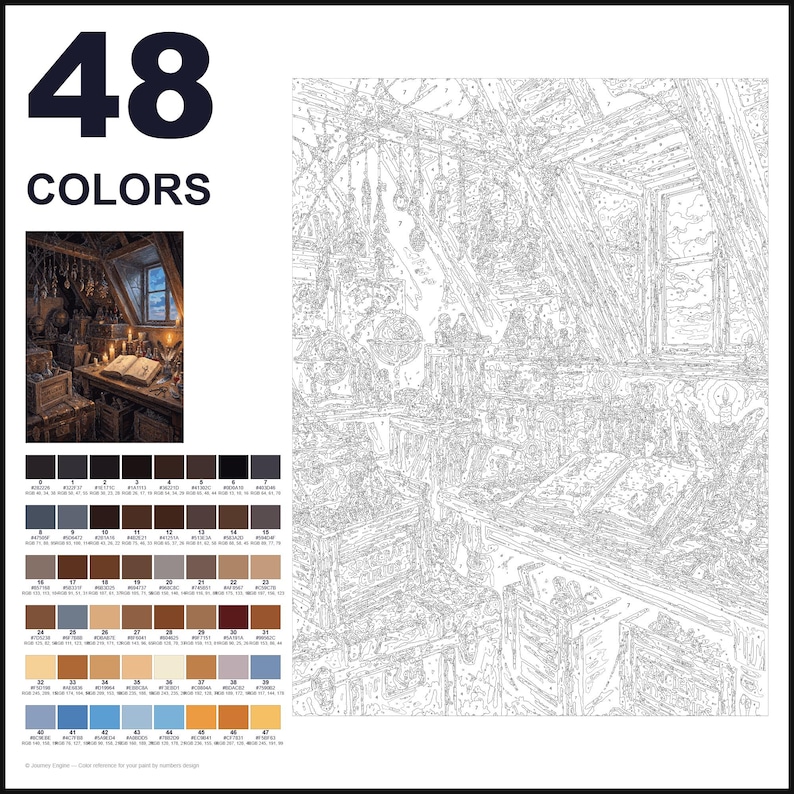 May include: A paint-by-numbers kit featuring 48 colors and a numbered outline of an attic study with an open book, globes, and hanging items. The set includes a small color reference image and a grid of 48 numbered paint swatches with hex codes.