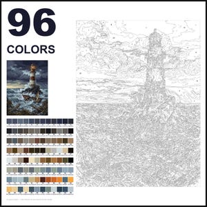 May include: A paint-by-numbers kit featuring a lighthouse scene with 96 colors. The set includes a numbered outline canvas, a small color reference image of the finished painting, and a detailed grid of 96 numbered color swatches with hex codes.