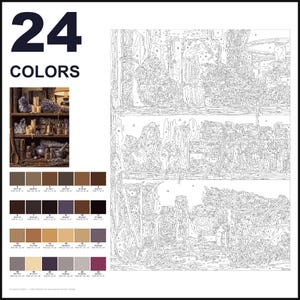 May include: A paint-by-numbers kit featuring a large outline drawing of a shelf filled with apothecary items, jars, and herbs. The image includes a small color reference photo, the text 24 COLORS, and a grid of 24 numbered color swatches.