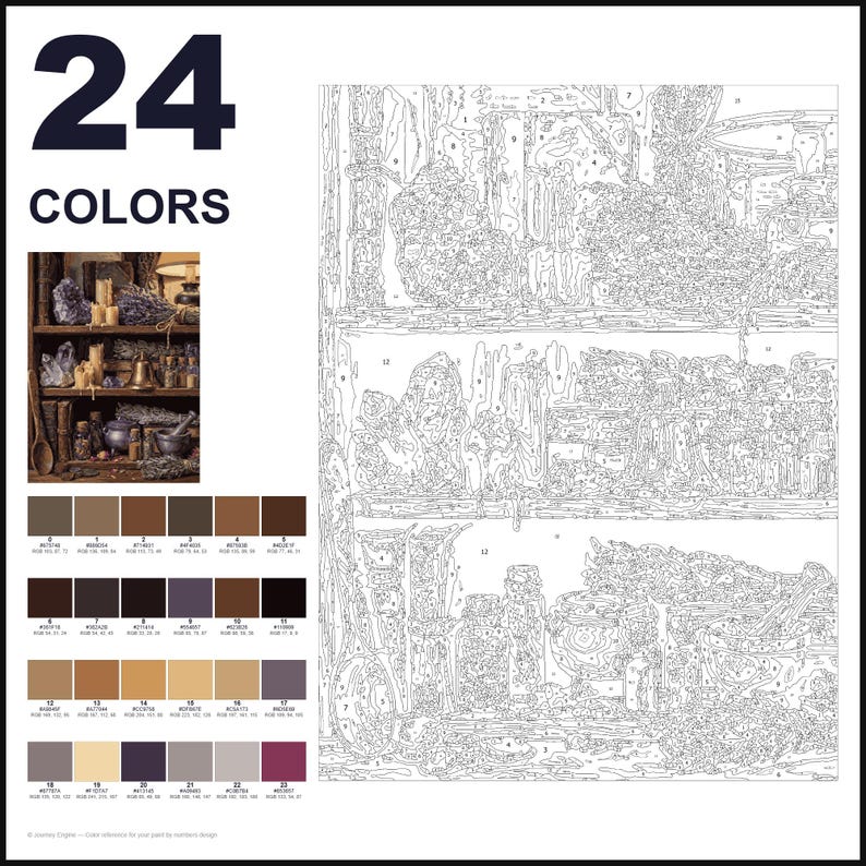 May include: A paint-by-numbers kit featuring a large outline drawing of a shelf filled with apothecary items, jars, and herbs. The image includes a small color reference photo, the text 24 COLORS, and a grid of 24 numbered color swatches.