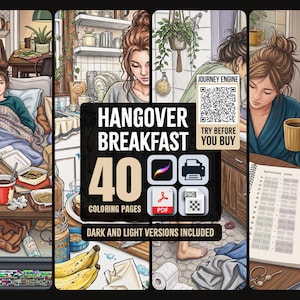 K&ouml;nnte beinhalten: Ein digitales Malbuch mit dem Titel Hangover Breakfast, das 40 Seiten in dunklen und hellen Versionen enth&auml;lt. Das Cover zeigt Illustrationen einer Person in verschiedenen h&auml;uslichen Umgebungen, darunter ein Schlafzimmer, eine K&uuml;che und ein Essbereich.