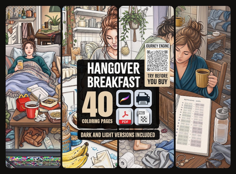 K&ouml;nnte beinhalten: Ein digitales Malbuch mit dem Titel Hangover Breakfast, das 40 Seiten in dunklen und hellen Versionen enth&auml;lt. Das Cover zeigt Illustrationen einer Person in verschiedenen h&auml;uslichen Umgebungen, darunter ein Schlafzimmer, eine K&uuml;che und ein Essbereich.