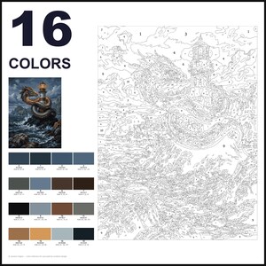 May include: A paint-by-numbers kit featuring a lighthouse and a dragon coiled around it. The set includes a numbered outline template, a small color reference image, and a palette of 16 distinct color swatches with corresponding RGB values.