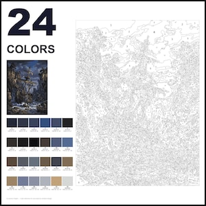 May include: A paint-by-numbers kit featuring 24 colors, a reference image of a sailing ship in a rocky cove, and a large numbered outline canvas. The color palette includes various shades of blue, gray, black, and brown with RGB values listed.