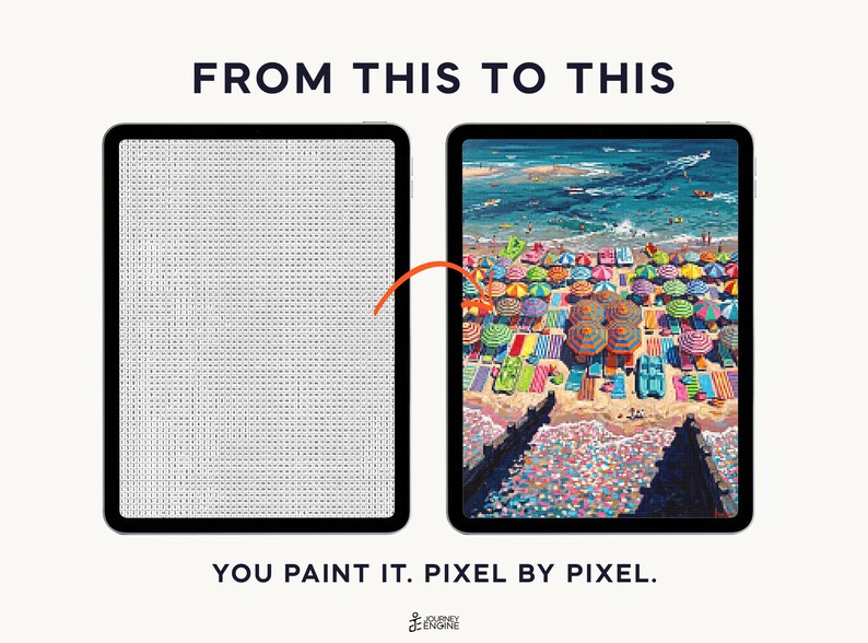 May include: Two tablets displaying a digital paint-by-number activity. The left screen shows a grid of numbered pixels, while the right screen shows the completed colorful beach scene with umbrellas and sand. Text reads: FROM THIS TO THIS, YOU PAINT IT. PIXEL BY PIXEL.