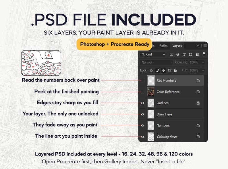 May include: A digital graphic displaying a PSD file structure with six layers for painting. Text includes .PSD FILE INCLUDED, Photoshop + Procreate Ready, and labels for layers like Red Numbers, Color Reference, Outlines, Draw Here, and Coloring faces.