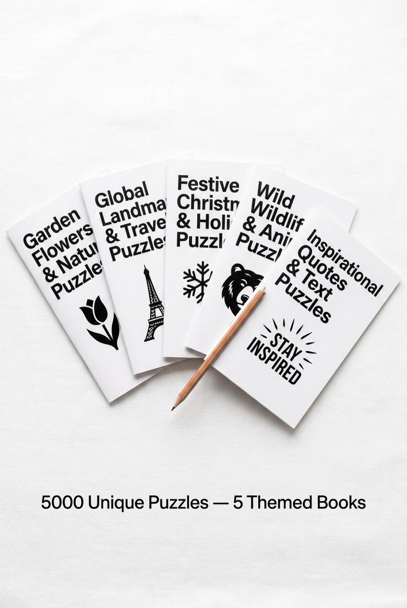 Five large-print word search puzzle books with black text and themed illustrations covering flowers, landmarks, Christmas, wildlife, and inspirational quotes