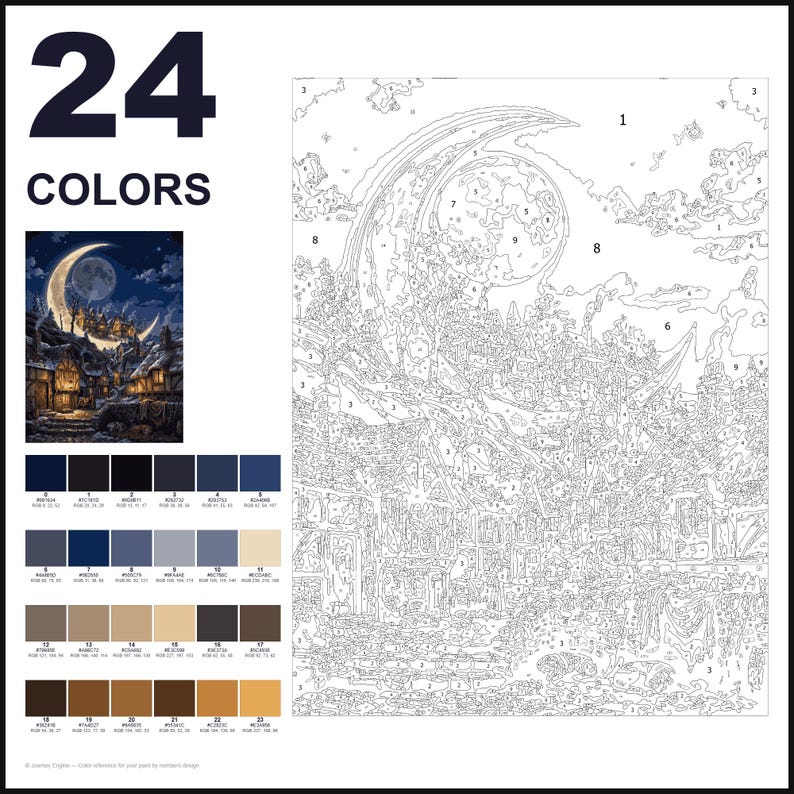May include: A paint-by-numbers kit featuring 24 colors and a line art template of a village scene under a large crescent moon. The set includes a small color reference image, a numbered color palette, and a detailed outline for painting.