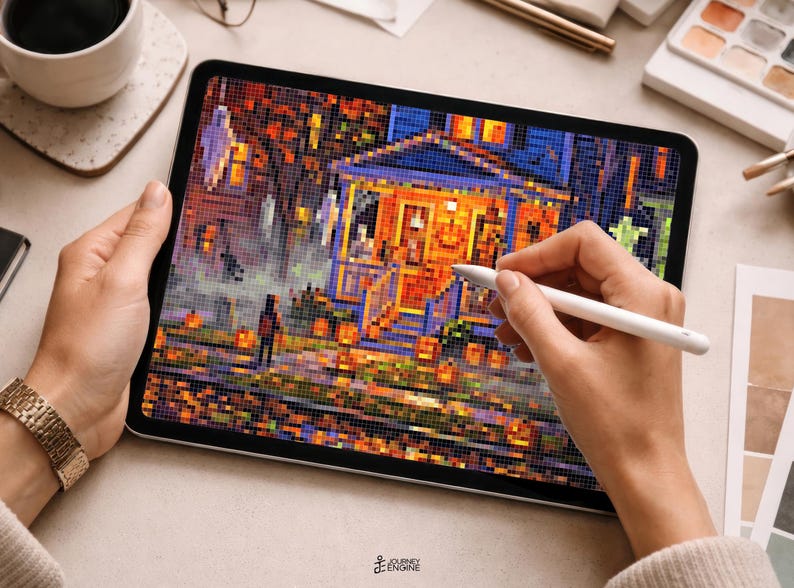 May include: A digital tablet displaying a pixel art illustration of a house decorated for Halloween with orange pumpkins, glowing windows, and autumn foliage. A white stylus is held against the screen, which features a dark, festive scene.