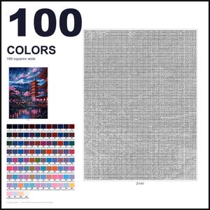 May include: A paint-by-numbers pattern featuring 100 colors, 100 squares wide. The design includes a small reference image of a pagoda and cherry blossoms, a grid filled with numerical codes, and a color palette chart with hex codes for each shade.