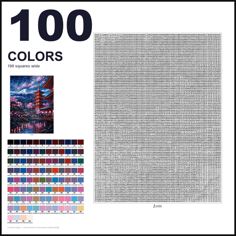 May include: A paint-by-numbers pattern featuring 100 colors, 100 squares wide. The design includes a small reference image of a pagoda and cherry blossoms, a grid filled with numerical codes, and a color palette chart with hex codes for each shade.