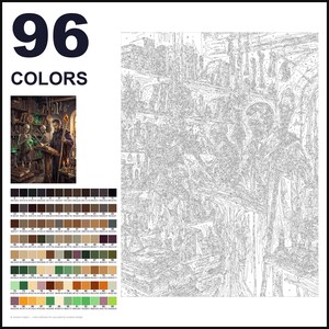 May include: A paint-by-numbers kit featuring 96 colors and a detailed line art template of a wizard in a library with skeletons. The set includes a small color reference image and a grid of 96 numbered color swatches with hex codes.