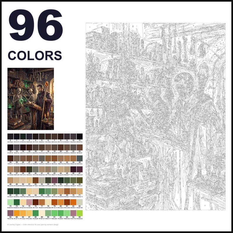 May include: A paint-by-numbers kit featuring 96 colors and a detailed line art template of a wizard in a library with skeletons. The set includes a small color reference image and a grid of 96 numbered color swatches with hex codes.