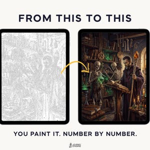 May include: Two tablets displaying a paint-by-number project. The left tablet shows a grayscale line art template. The right tablet shows the completed, colorful illustration of a wizard and skeletons in a library. Text reads FROM THIS TO THIS and YOU PAINT IT. NUMBER BY NUMBER.