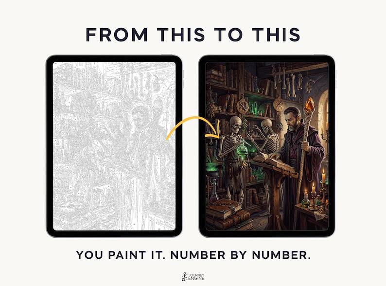 May include: Two tablets displaying a paint-by-number project. The left tablet shows a grayscale line art template. The right tablet shows the completed, colorful illustration of a wizard and skeletons in a library. Text reads FROM THIS TO THIS and YOU PAINT IT. NUMBER BY NUMBER.