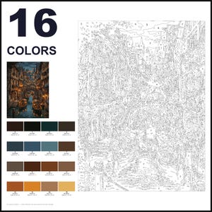 May include: A paint-by-number kit featuring a canal scene with boats and buildings. The layout includes a numbered outline of the image, a small color reference picture, and a grid of 16 color swatches labeled 0 through 15 with RGB values.