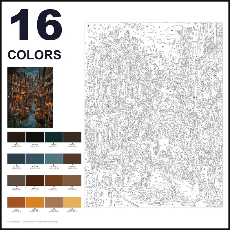 May include: A paint-by-number kit featuring a canal scene with boats and buildings. The layout includes a numbered outline of the image, a small color reference picture, and a grid of 16 color swatches labeled 0 through 15 with RGB values.