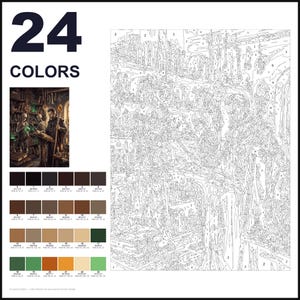 May include: A paint-by-numbers kit featuring a fantasy scene of a wizard and skeletons in a library. The set includes a numbered outline canvas, a small reference image, and a palette of 24 colors with specific RGB and hex codes listed.