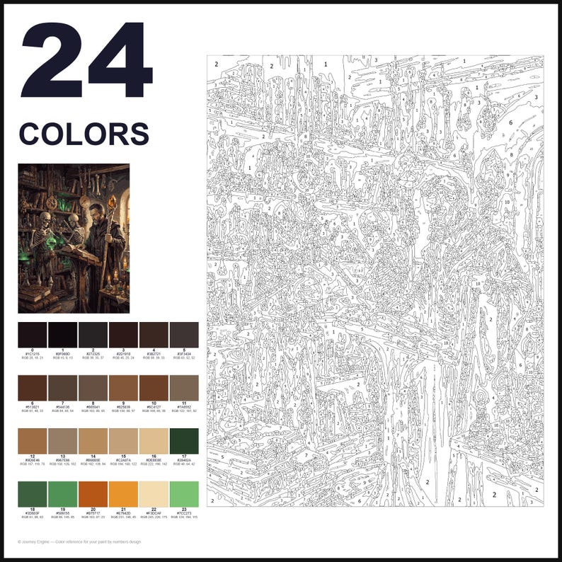 May include: A paint-by-numbers kit featuring a fantasy scene of a wizard and skeletons in a library. The set includes a numbered outline canvas, a small reference image, and a palette of 24 colors with specific RGB and hex codes listed.