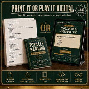 May include: A trivia game set featuring a stack of printed US letter 8.5x11 inch paper sheets, a standalone edition book titled Totally Random Fun Facts Trivia, and a tablet displaying a digital version of the 500 questions quiz game.