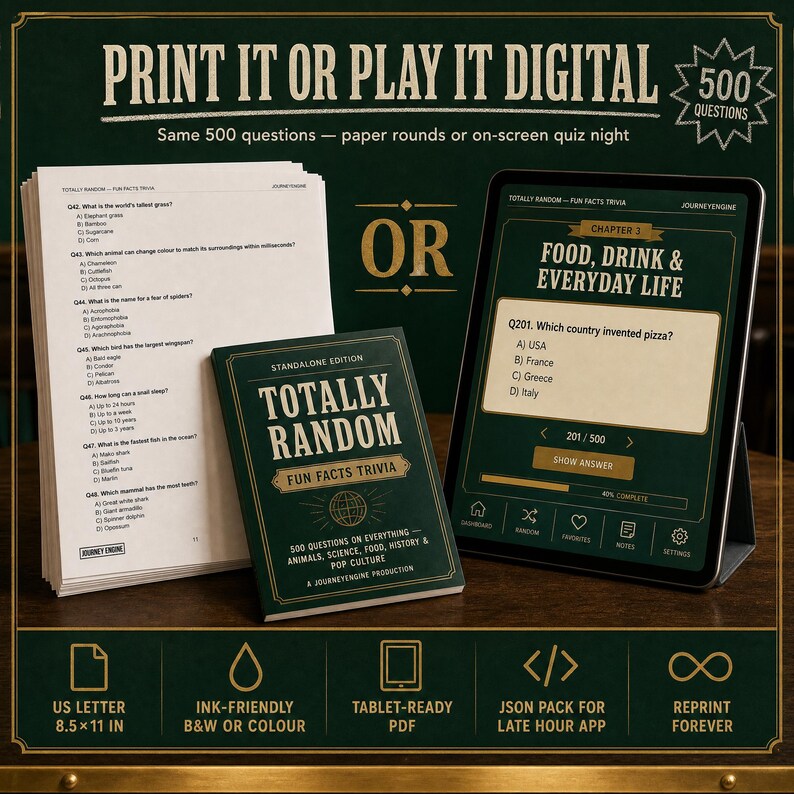 May include: A trivia game set featuring a stack of printed US letter 8.5x11 inch paper sheets, a standalone edition book titled Totally Random Fun Facts Trivia, and a tablet displaying a digital version of the 500 questions quiz game.