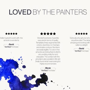 Pu&ograve; includere: Una grafica intitolata LOVED BY THE PAINTERS che presenta tre recensioni a cinque stelle di David, Merak e David. Il testo include etichette di acquisto verificato e un effetto di schizzi di acquerello blu su uno sfondo bianco.