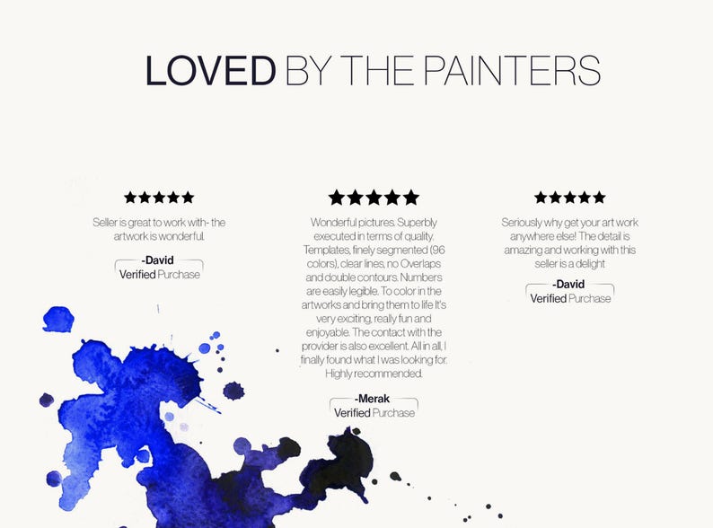 Pu&ograve; includere: Una grafica intitolata LOVED BY THE PAINTERS che presenta tre recensioni a cinque stelle di David, Merak e David. Il testo include etichette di acquisto verificato e un effetto di schizzi di acquerello blu su uno sfondo bianco.