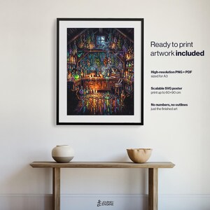 May include: A framed digital art print depicting a cluttered apothecary workshop filled with glowing potion bottles, hanging herbs, and a central workbench. The text reads: Ready to print artwork included, High-resolution PNG + PDF sized for A3, Scalable SVG poster print up to 60x90 cm, No numbers, no outlines just the finished art.