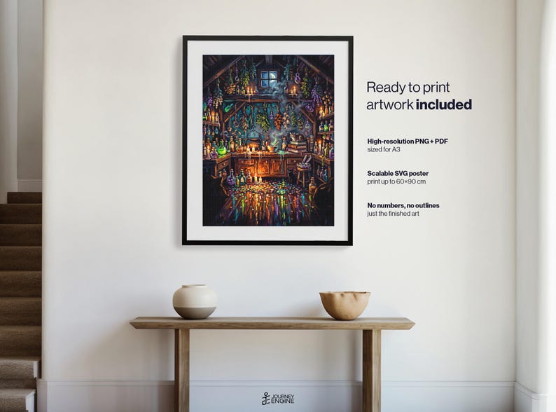 May include: A framed digital art print depicting a cluttered apothecary workshop filled with glowing potion bottles, hanging herbs, and a central workbench. The text reads: Ready to print artwork included, High-resolution PNG + PDF sized for A3, Scalable SVG poster print up to 60x90 cm, No numbers, no outlines just the finished art.