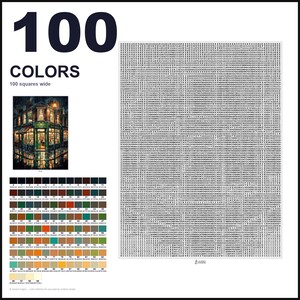 May include: A paint-by-numbers kit featuring a 100-color palette, a reference image of a street scene at night, and a large grid of 100 squares wide filled with numerical codes. The text 100 COLORS and 100 squares wide is clearly visible.