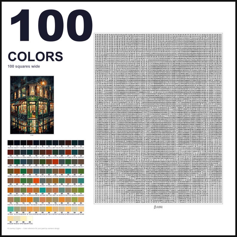 May include: A paint-by-numbers kit featuring a 100-color palette, a reference image of a street scene at night, and a large grid of 100 squares wide filled with numerical codes. The text 100 COLORS and 100 squares wide is clearly visible.