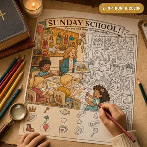 May include: A Sunday School activity sheet featuring a colored illustration of a teacher and children at a table, alongside a black and white coloring section. The page includes the text SUNDAY SCHOOL! and 18 hidden objects to find and color.
