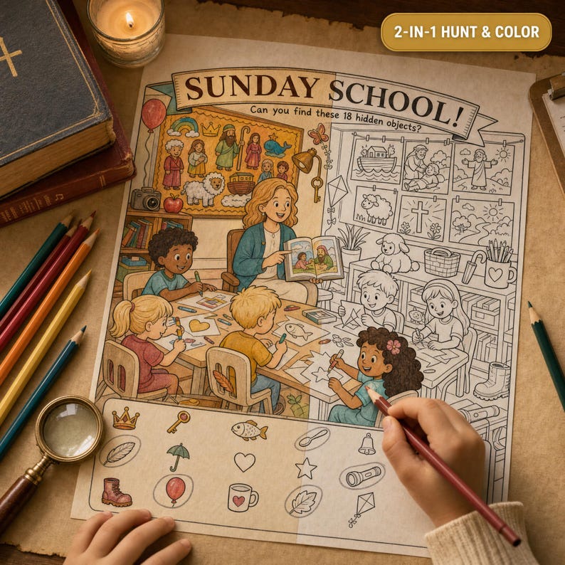 May include: A Sunday School activity sheet featuring a colored illustration of a teacher and children at a table, alongside a black and white coloring section. The page includes the text SUNDAY SCHOOL! and 18 hidden objects to find and color.