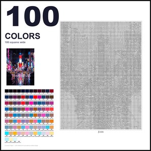 May include: A paint-by-numbers pattern featuring the text 100 COLORS and 100 squares wide. It includes a small reference image of a city street at night, a large grid filled with numerical codes, and a color palette chart with 100 distinct swatches.