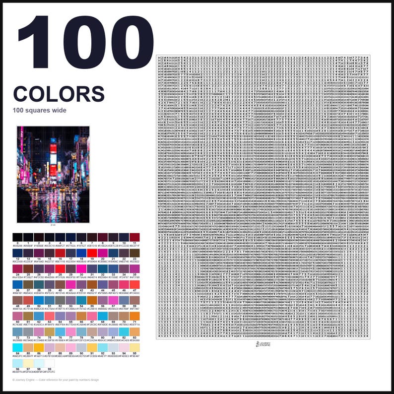 May include: A paint-by-numbers pattern featuring the text 100 COLORS and 100 squares wide. It includes a small reference image of a city street at night, a large grid filled with numerical codes, and a color palette chart with 100 distinct swatches.