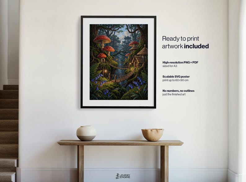 May include: A framed digital art print featuring a forest scene with large red mushrooms, small wooden houses, and a rope bridge. Text on the right reads: Ready to print artwork included, High-resolution PNG + PDF sized for A3, Scalable SVG poster print up to 60x90 cm, No numbers, no outlines just the finished art.