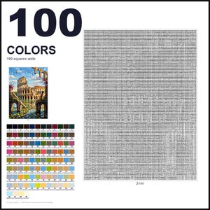May include: A paint-by-numbers pattern featuring 100 colors, a reference image of the Roman Colosseum, and a large grid of numbers. The layout includes a color key with hex codes and a detailed numerical guide for painting the scene.