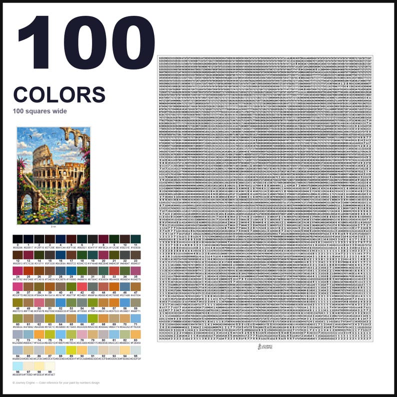 May include: A paint-by-numbers pattern featuring 100 colors, a reference image of the Roman Colosseum, and a large grid of numbers. The layout includes a color key with hex codes and a detailed numerical guide for painting the scene.