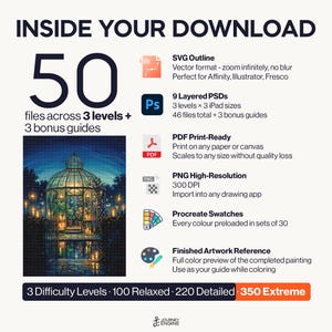 May include: A digital download package containing 50 files across 3 levels and 3 bonus guides. Includes SVG outlines, 9 layered PSDs, PDF print-ready files, high-resolution PNGs, Procreate swatches, and a finished artwork reference of a garden gazebo.