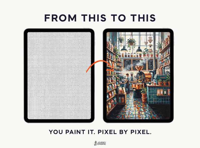 May include: Two tablets display a digital paint-by-number process. The left screen shows a grid of numbered pixels, while the right screen shows a completed, colorful illustration of a coffee shop interior. Text reads FROM THIS TO THIS and YOU PAINT IT. PIXEL BY PIXEL.