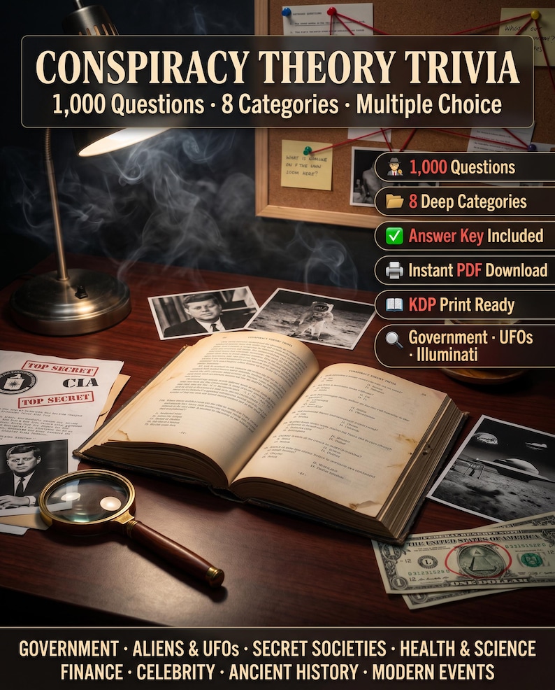 K&ouml;nnte beinhalten: Auf einem Holztisch liegen ein offenes Buch, eine Lupe und Fotos. Der Text "CONSPIRACY THEORY TRIVIA" steht oben, mit Details zu Fragen, Kategorien und Multiple Choice. Themen sind Regierung, UFOs und Geheimgesellschaften.