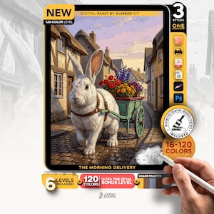 May include: A digital paint by number kit titled The Morning Delivery featuring a white rabbit pulling a green cart filled with colorful flowers through a cobblestone village street. The kit includes 120 colors, 6 levels, and an interactive progress tracker.