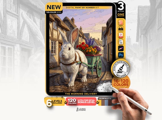 Rabbit Flower Cart paint by numbers digital kit, Whimsical Cottagecore Art