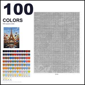 May include: A paint-by-numbers guide featuring the text 100 COLORS 100 squares wide. It includes a small color reference image of the Eiffel Tower, a grid of 100 numbered color swatches with hex codes, and a large grid filled with numbers.