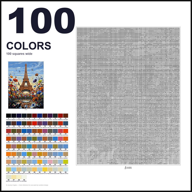 May include: A paint-by-numbers guide featuring the text 100 COLORS 100 squares wide. It includes a small color reference image of the Eiffel Tower, a grid of 100 numbered color swatches with hex codes, and a large grid filled with numbers.