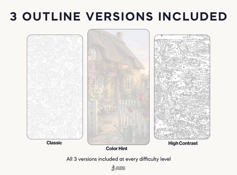 May include: Three paint-by-number templates labeled 3 OUTLINE VERSIONS INCLUDED. The left is a Classic light gray outline, the center is a Color Hint version of a cottage, and the right is a High Contrast black outline. Text reads Journey Engine.
