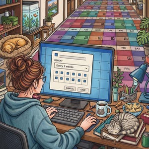 May include: A digital illustration of a person at a computer desk with a monitor displaying a calendar repeat menu with the text REPEAT, Every 2 weeks, CANCEL, and SAVE. The desk features a keyboard, mouse, cat mug, and a sleeping tabby cat.