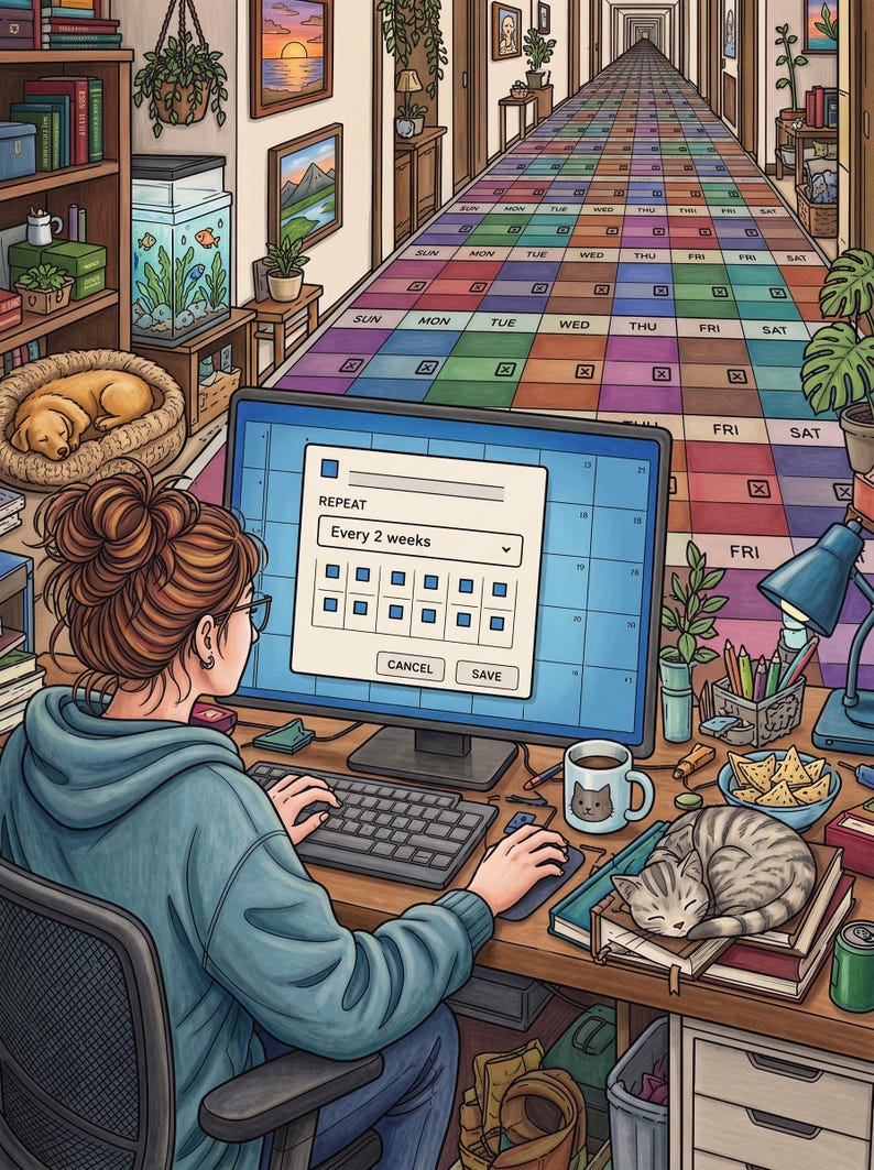 May include: A digital illustration of a person at a computer desk with a monitor displaying a calendar repeat menu with the text REPEAT, Every 2 weeks, CANCEL, and SAVE. The desk features a keyboard, mouse, cat mug, and a sleeping tabby cat.